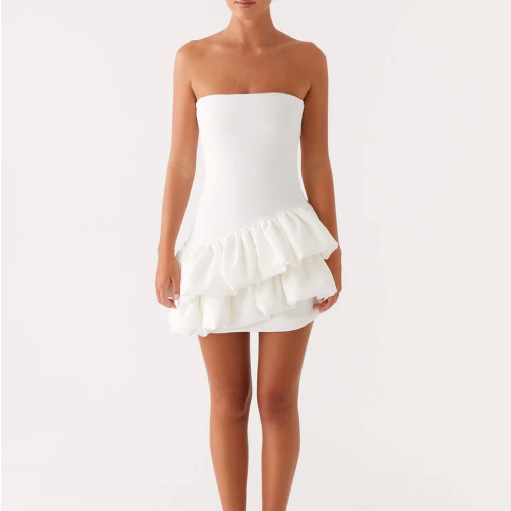 Peppermayo White Strapless Ruffle Mini Dress